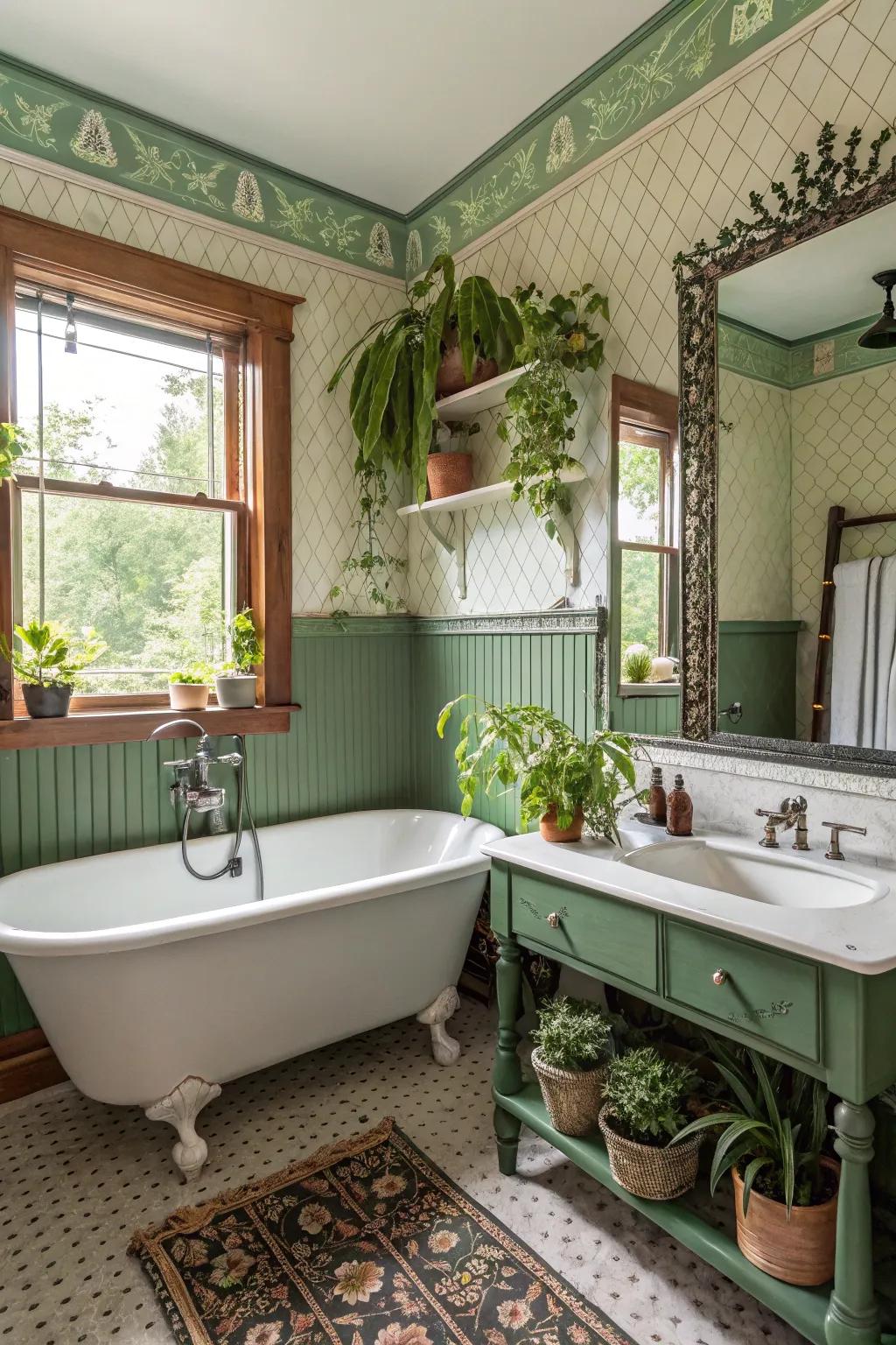 A vintage lavatory haven featuring sophisticated verdant wainscoting.
