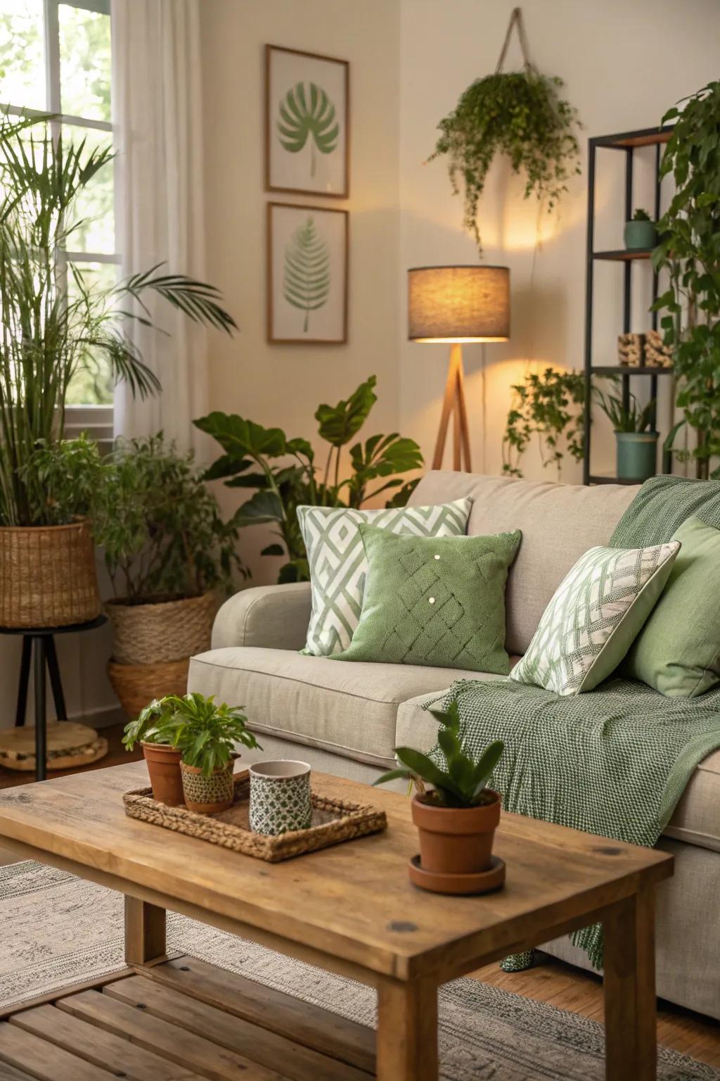 A welcoming living space featuring a vibrant green aesthetic.