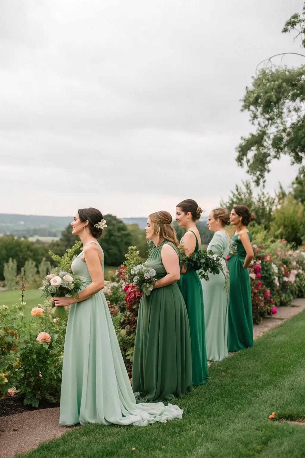 Bridesmaids adorned in various shades of green, a palette suited to all complexions.