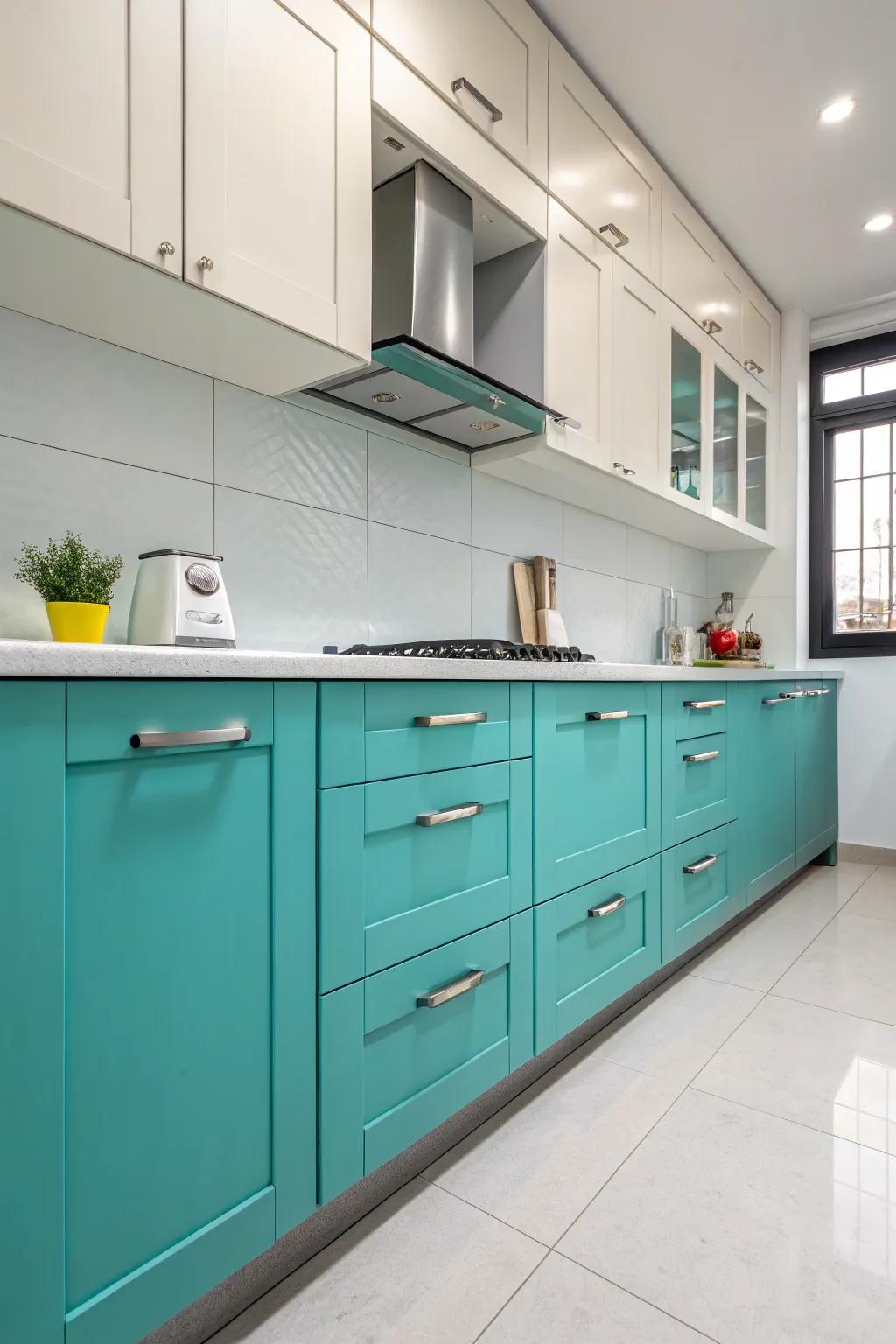 Vibrant turquoise millwork complemented by understated grey highlights crafts a captivating centerpiece.