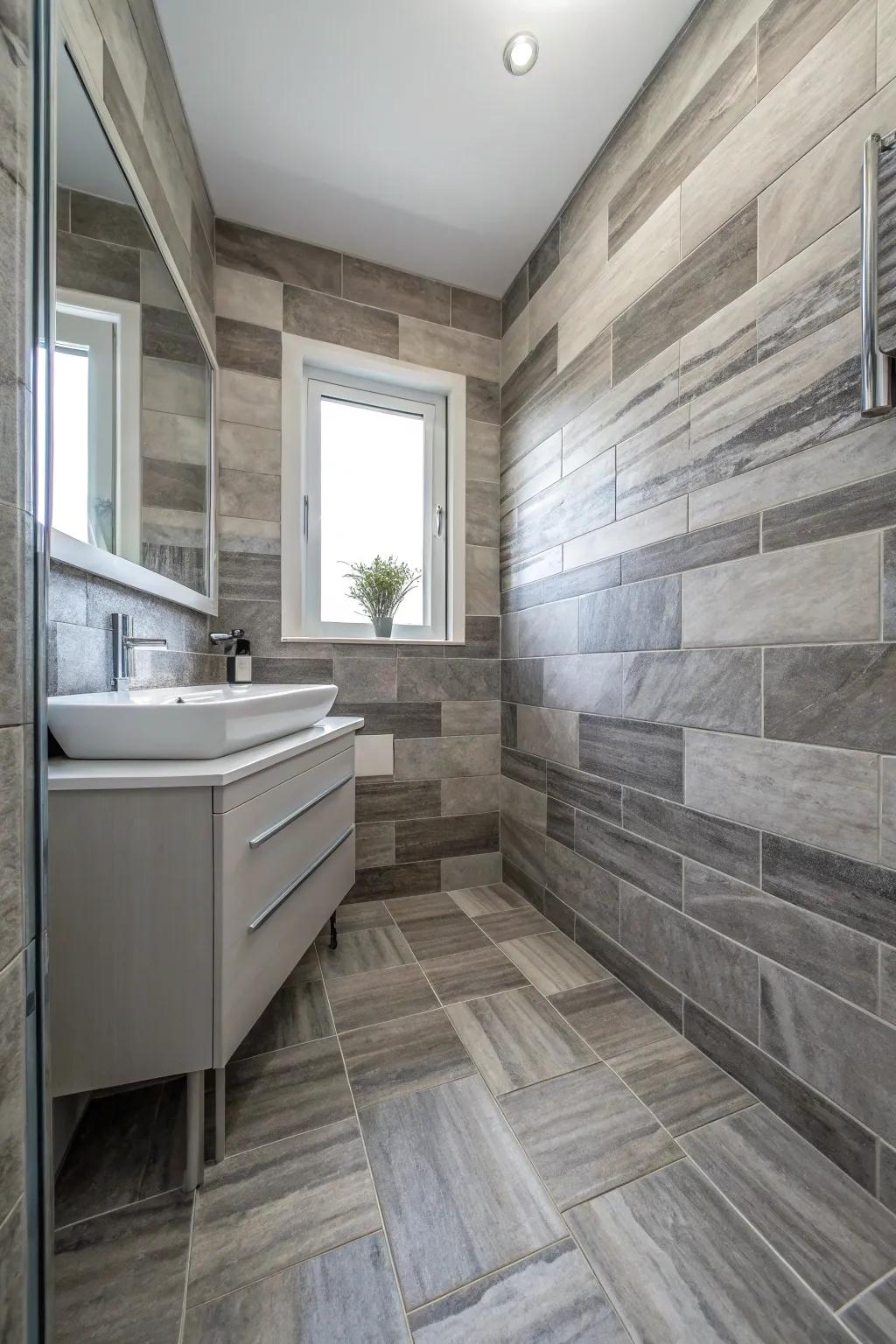 A seamless combination of light and dark grey tiles results in an eye-catching visual display.