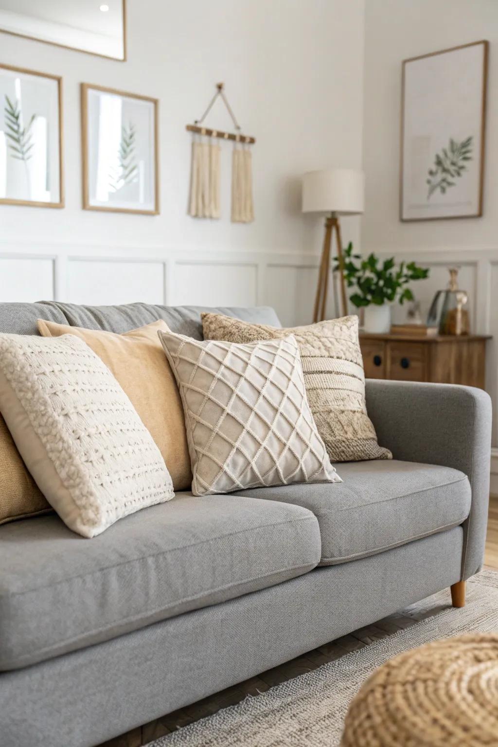 Neutral pillows cultivate an air of refinement and tranquility.