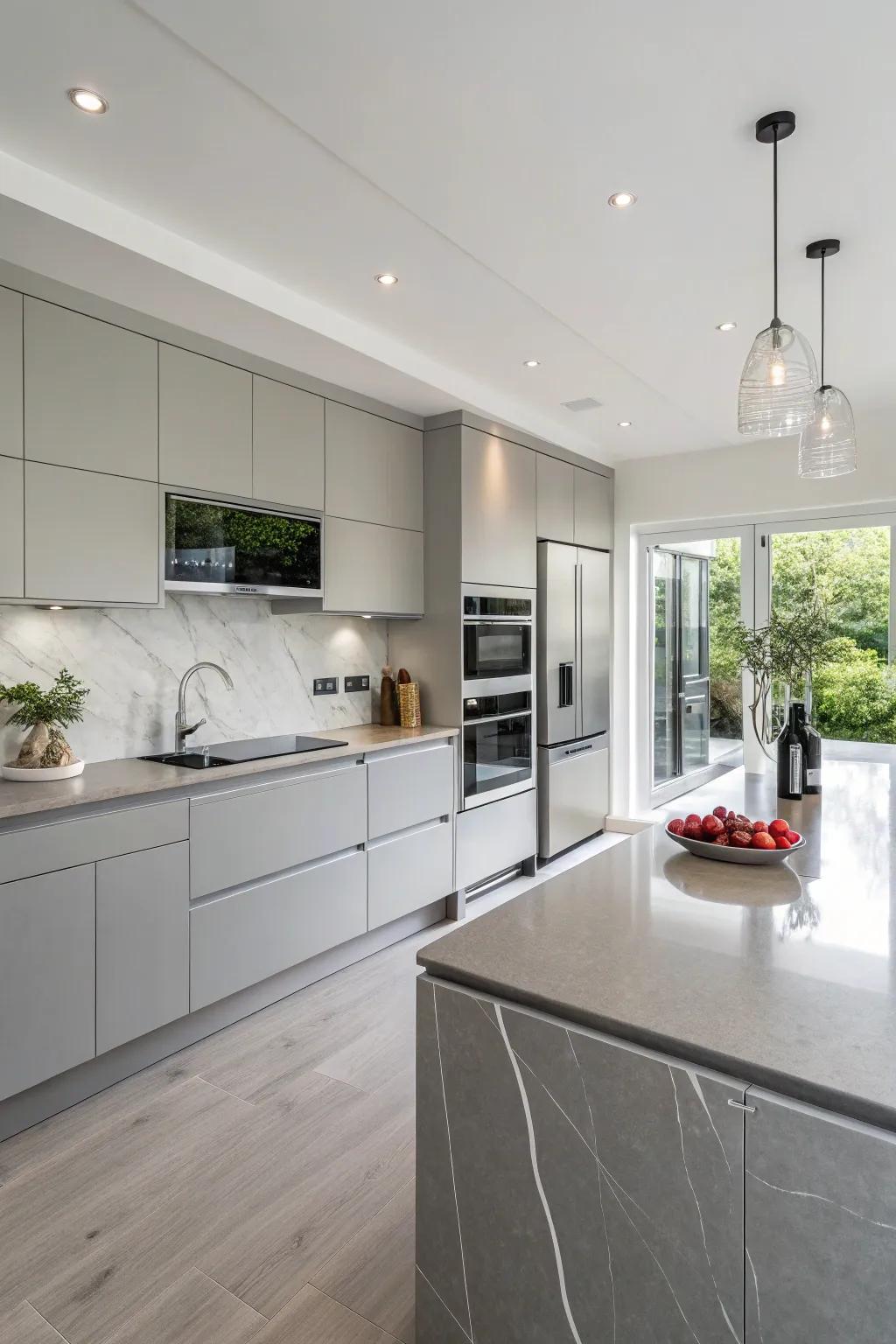A modern kitchen adorned with tasteful grey quartz countertops.