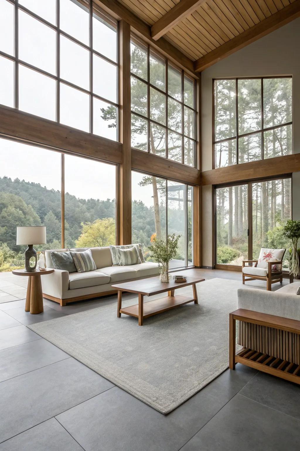 Enhance natural light with grey flooring for an airy atmosphere.