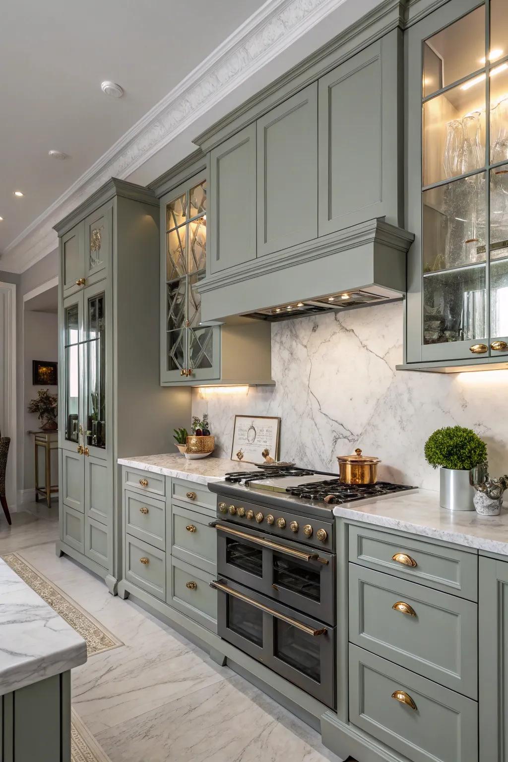 A classic kitchen showcases grey-green cabinets beautifully paired with stone countertops.