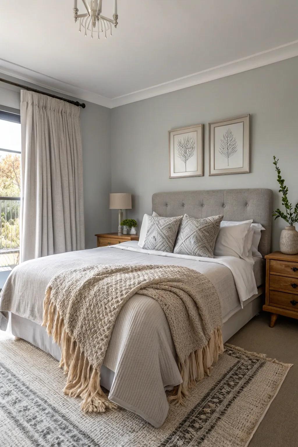 A soothing bedroom retreat featuring soft grey walls and comfortable textures.