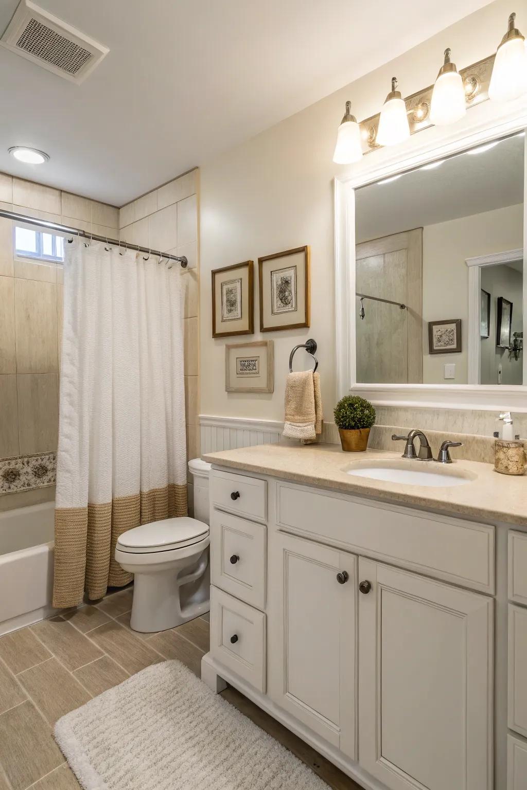 A calming array of neutral tones crafts a tranquil and appealing guest bathroom.