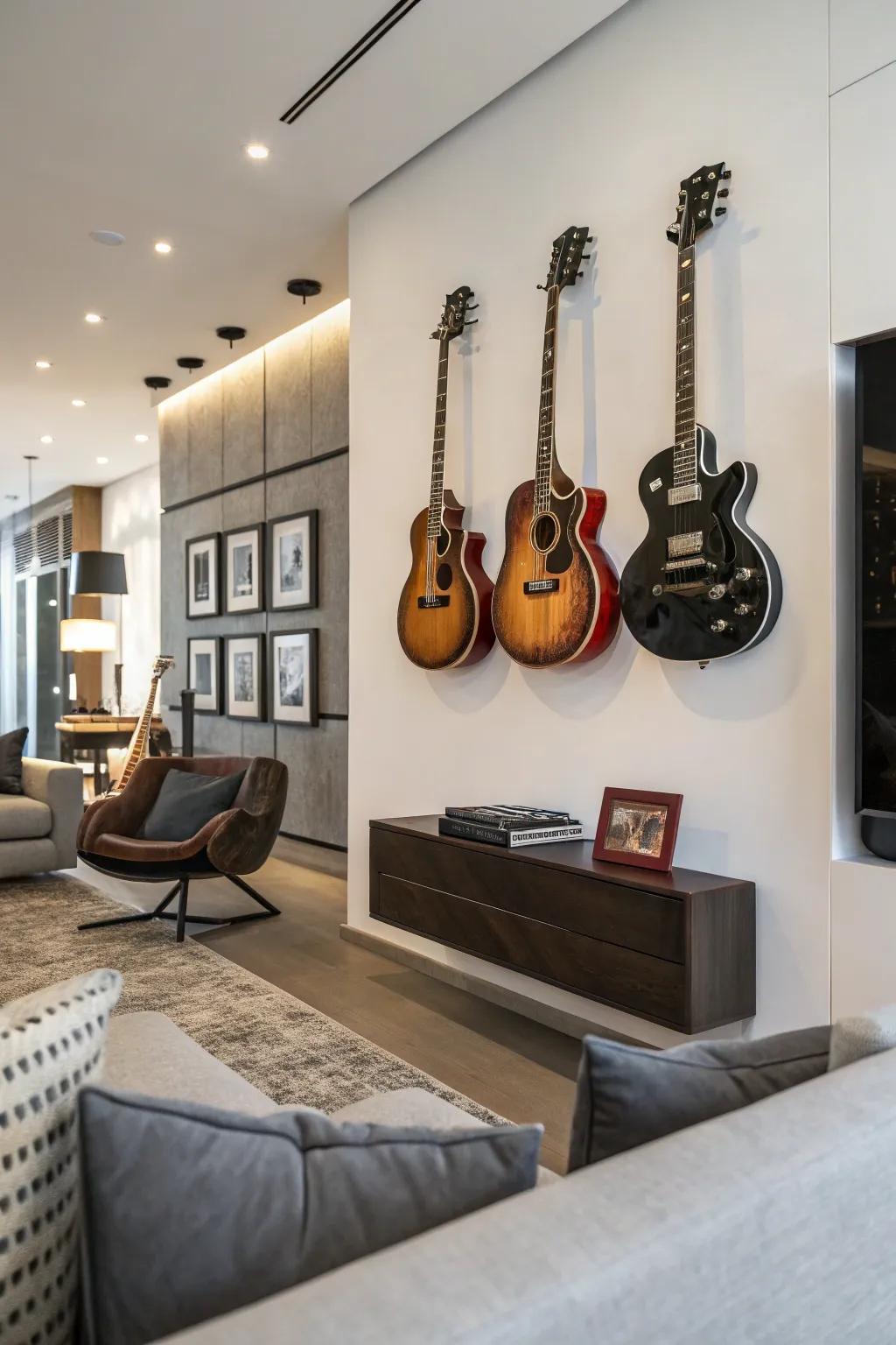 A modern living space featuring a vertical guitar arrangement.