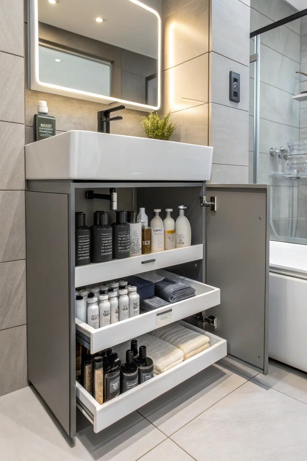 Effective utilization of space beneath the sink through structured storage of styling products.