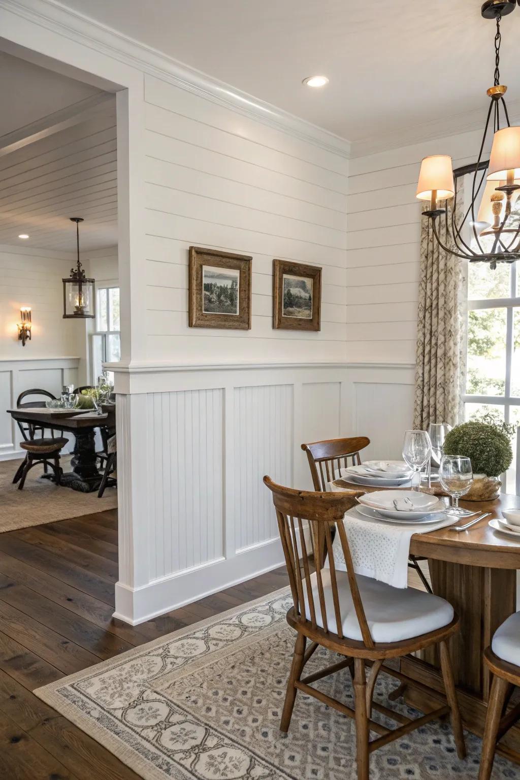 Timeless ivory shiplap harmonized with a timber chair rail in a dining area.