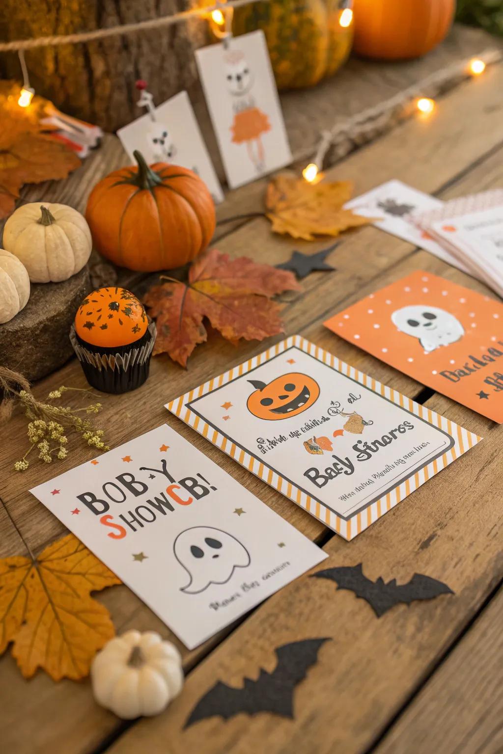 Halloween-themed invitations create a festive atmosphere for the forthcoming baby shower.