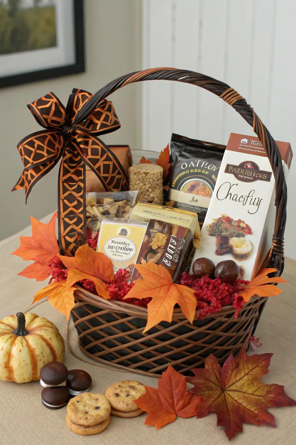 A basket filled with gourmet delights for a high-end Halloween surprise.