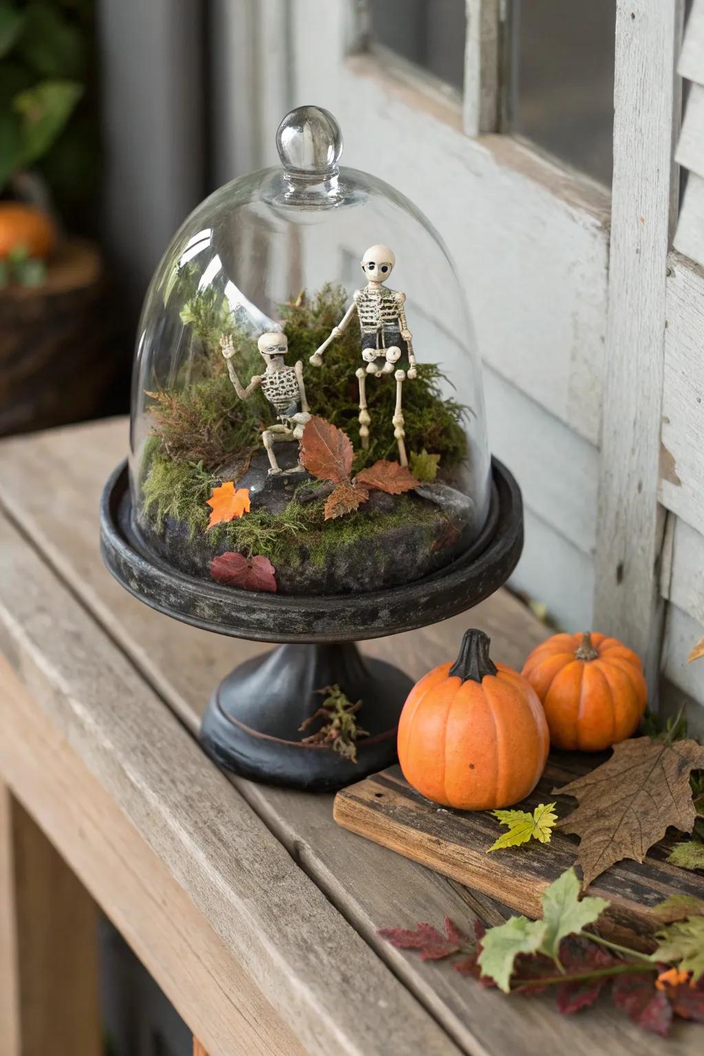 A spooky dome featuring skeletons and ground cover to create a graveyard effect.