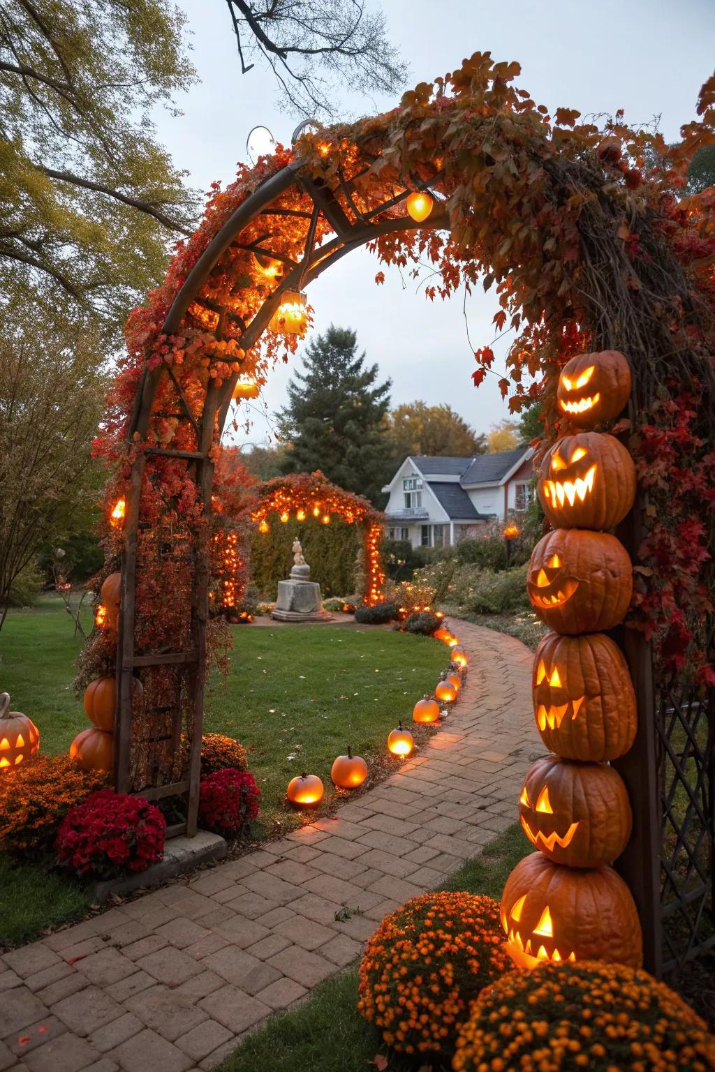 Extend a warm welcome to visitors with a luminous pumpkin entrance.