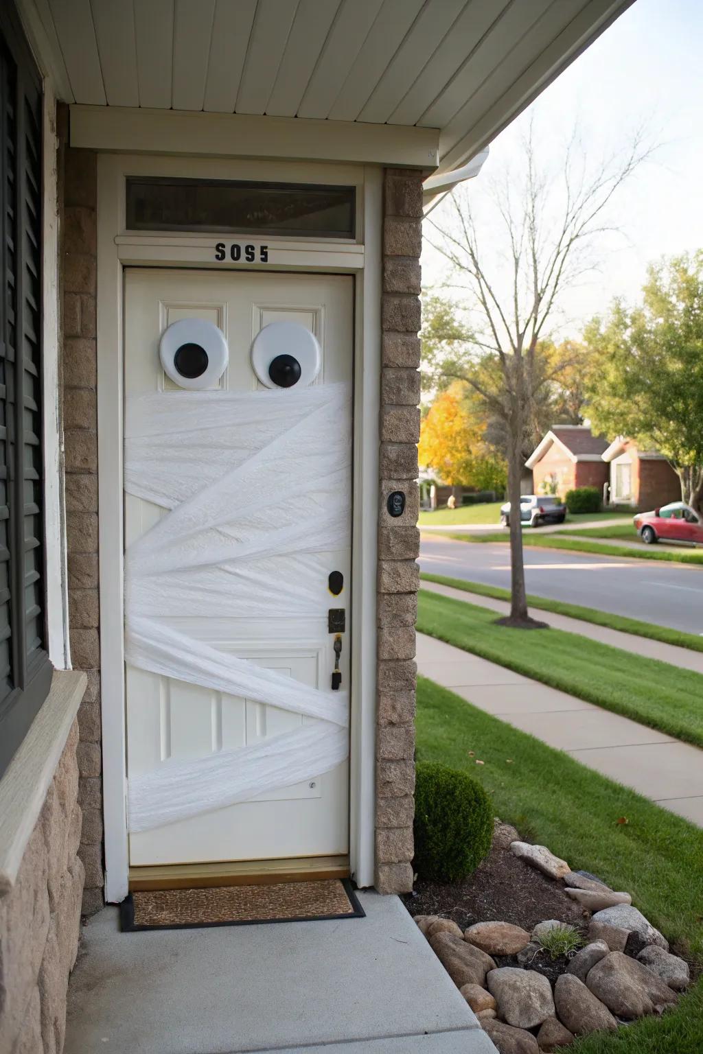 A simple yet spooky mummy door decoration.