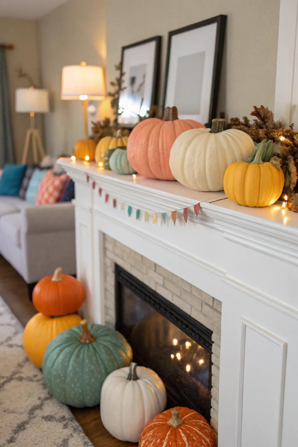 A pumpkin-themed mantel, overflowing with autumnal elegance.