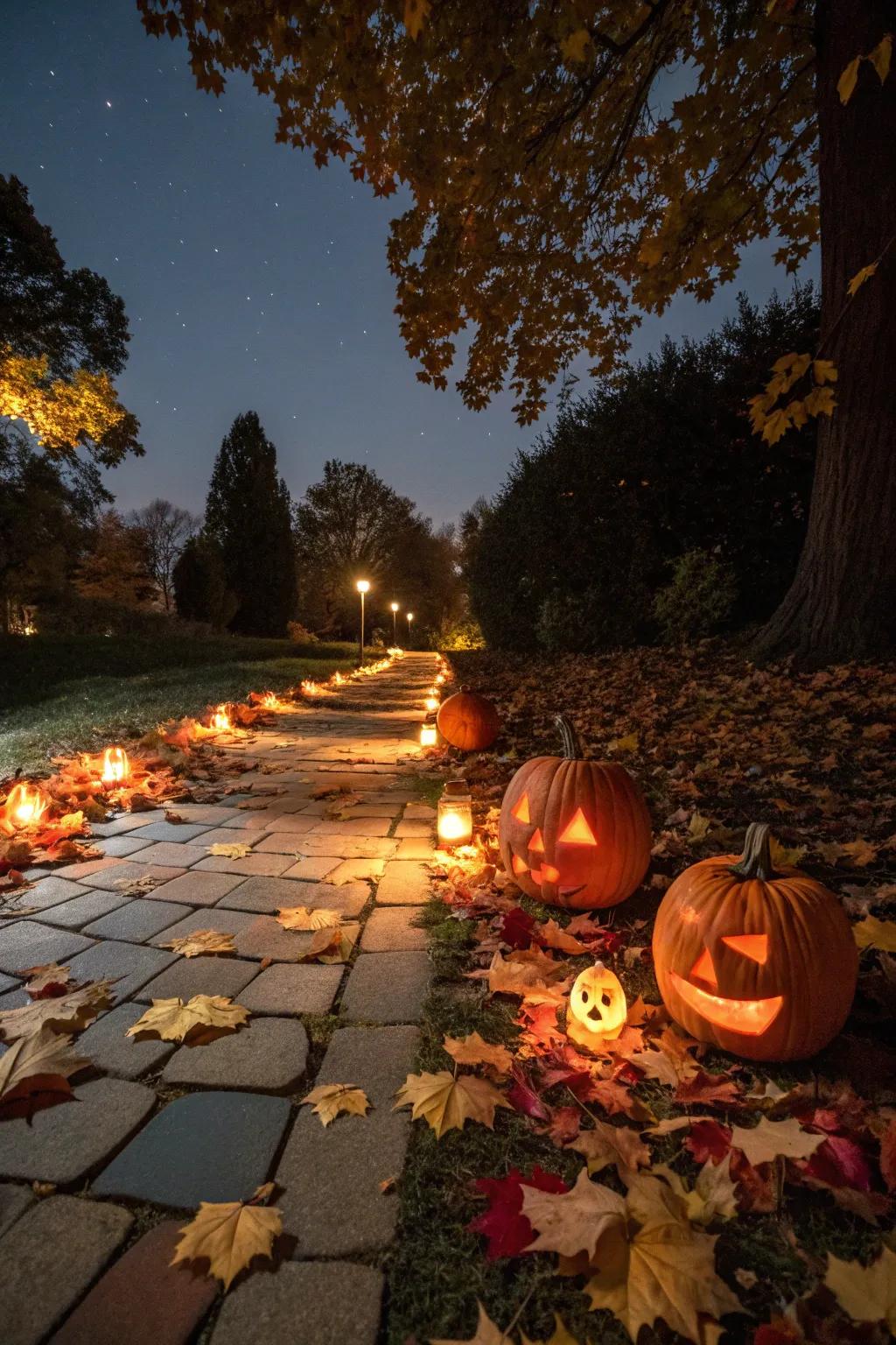 A mesmerizing pathway bathed in the gentle glow of pumpkins, ideal for Halloween festivities.