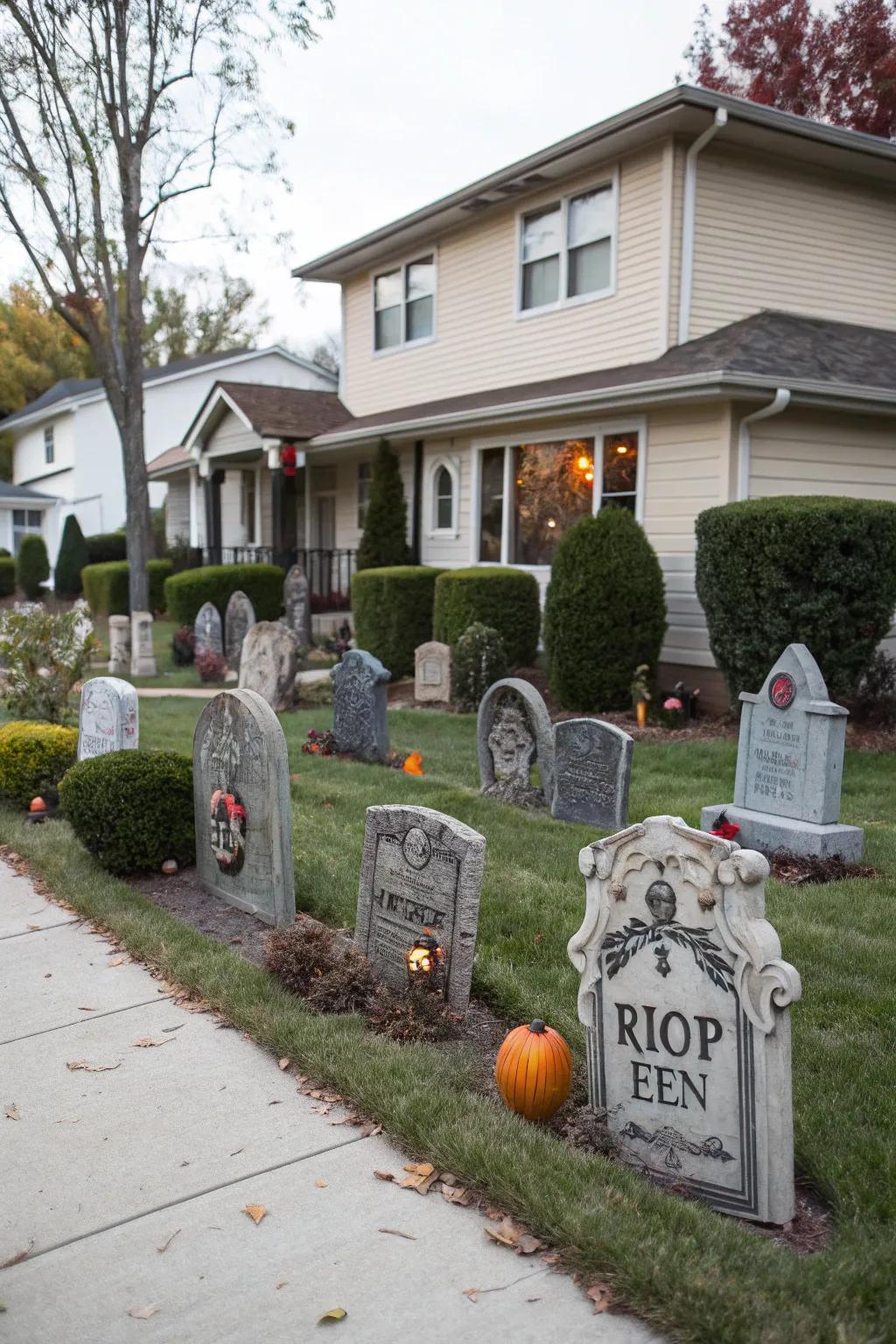Achieve a convincing graveyard atmosphere by intermingling various headstone designs.