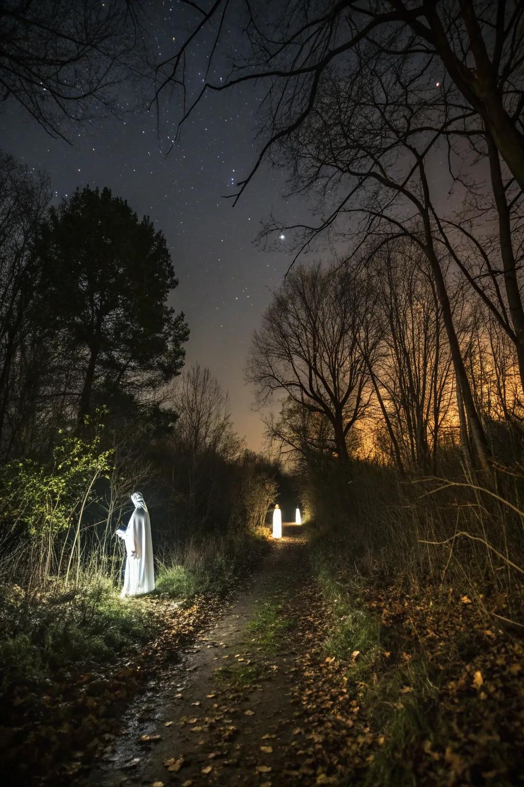 Spectral shapes light the way along a sylvan route.