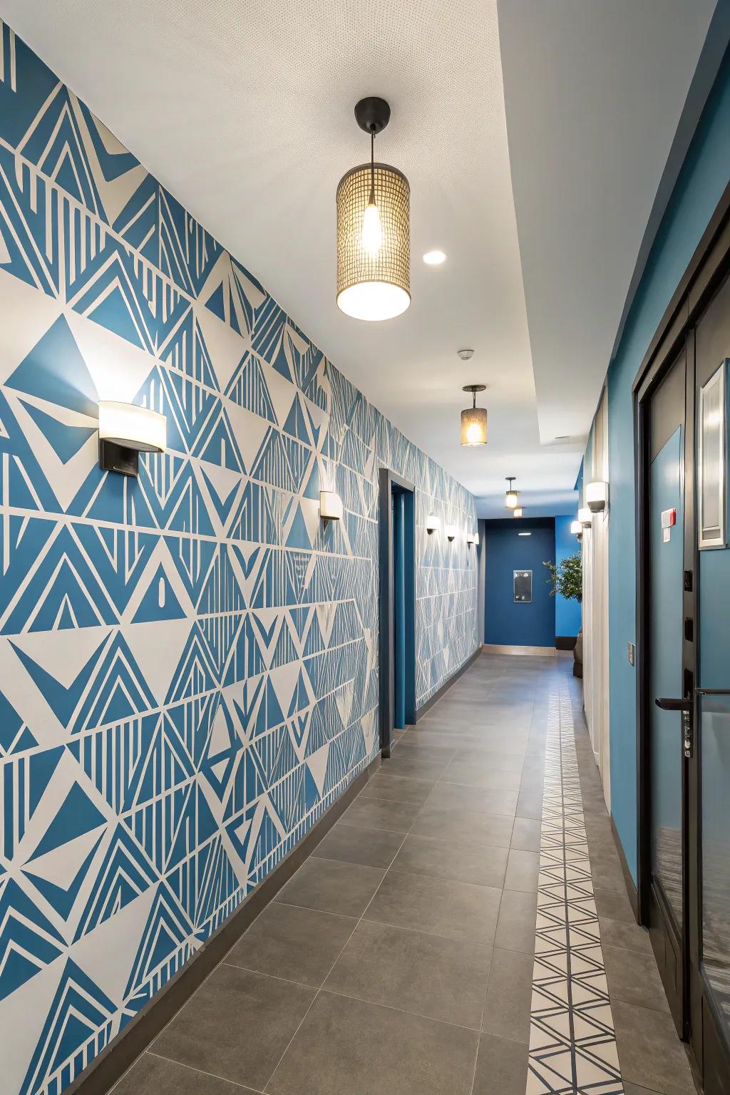 An elegant hallway showcasing attractive geometric surface covering.