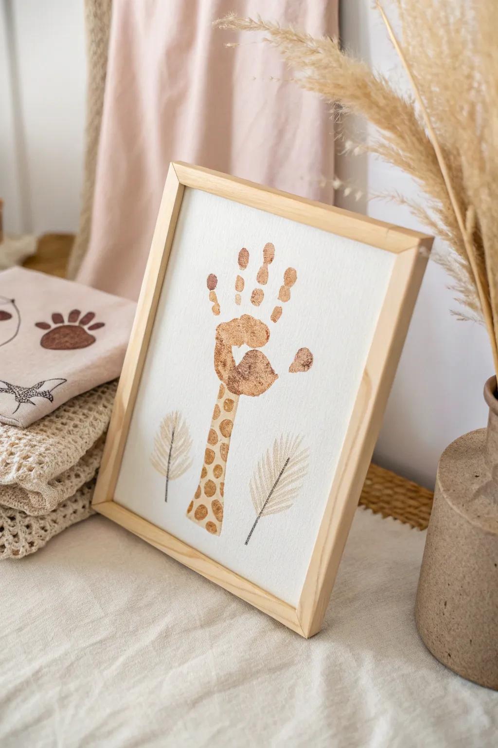 Transfigure diminutive handprints into a delightful giraffe, incorporating a dash of ingenuity into your nursery's aesthetic.