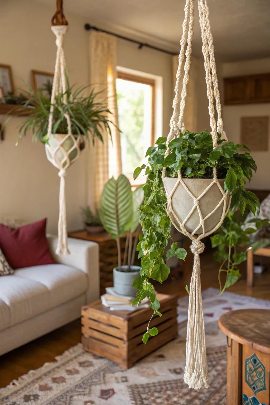 Macramé planters contribute a bohemian flair to your living area.