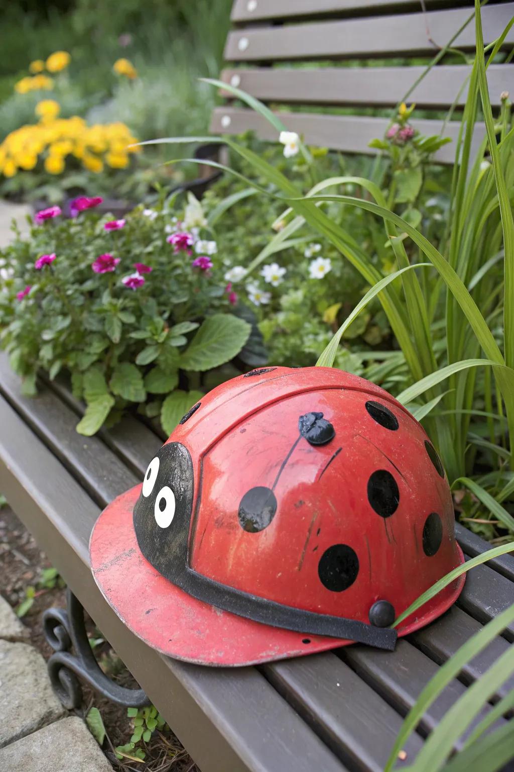 A playful hard hat with a ladybug theme, bringing a delightful element to safety apparel.
