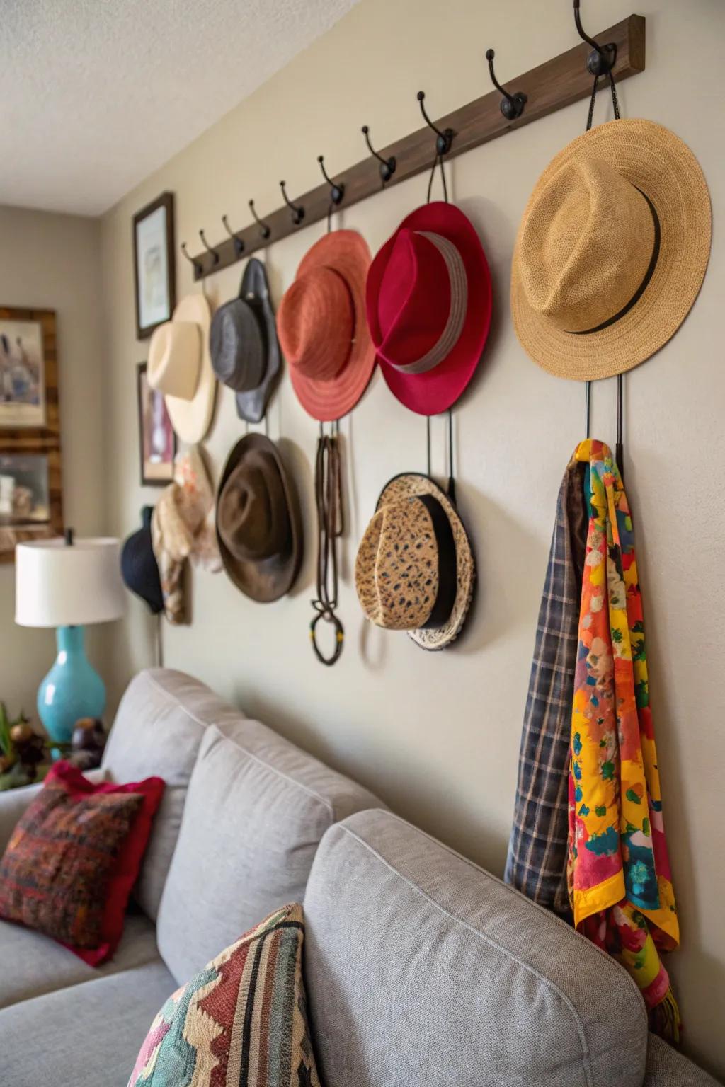 Craft an elegant hat arrangement utilizing wall pegs for a tidy and structured presentation.