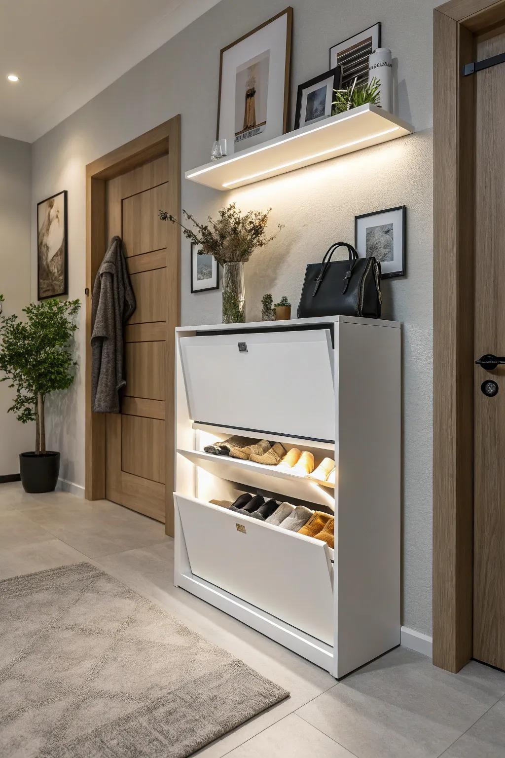 Shoe cabinets with hinged doors provide a polished and orderly storage solution.