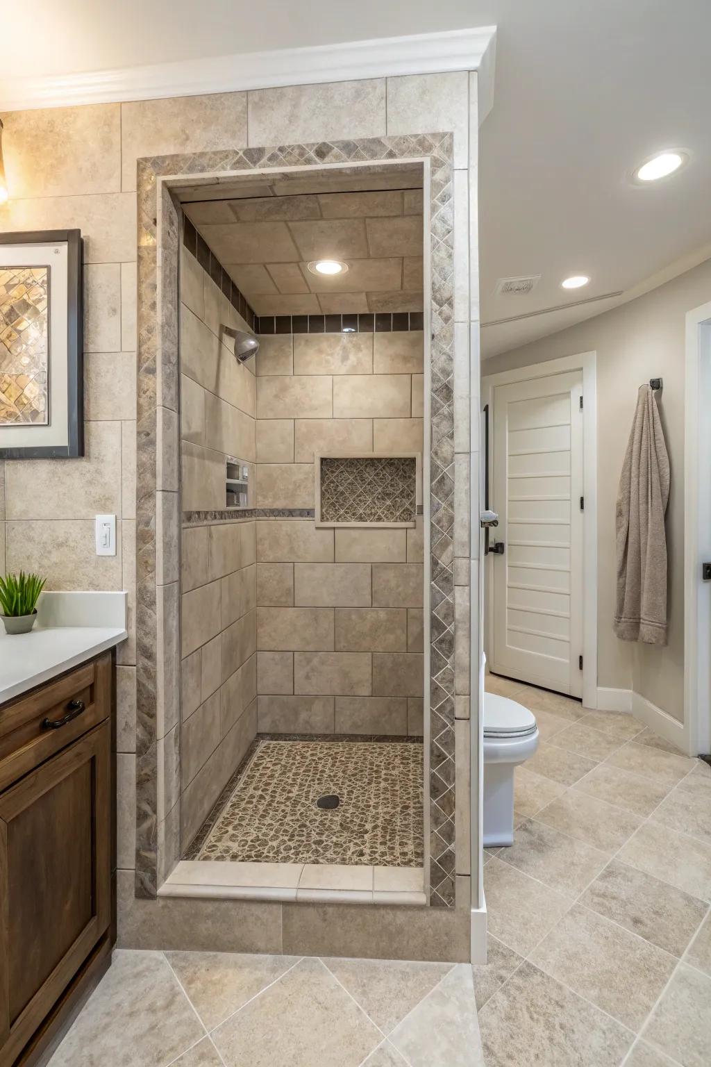 A disguised nook shower flawlessly assimilates into the bathroom's layout.