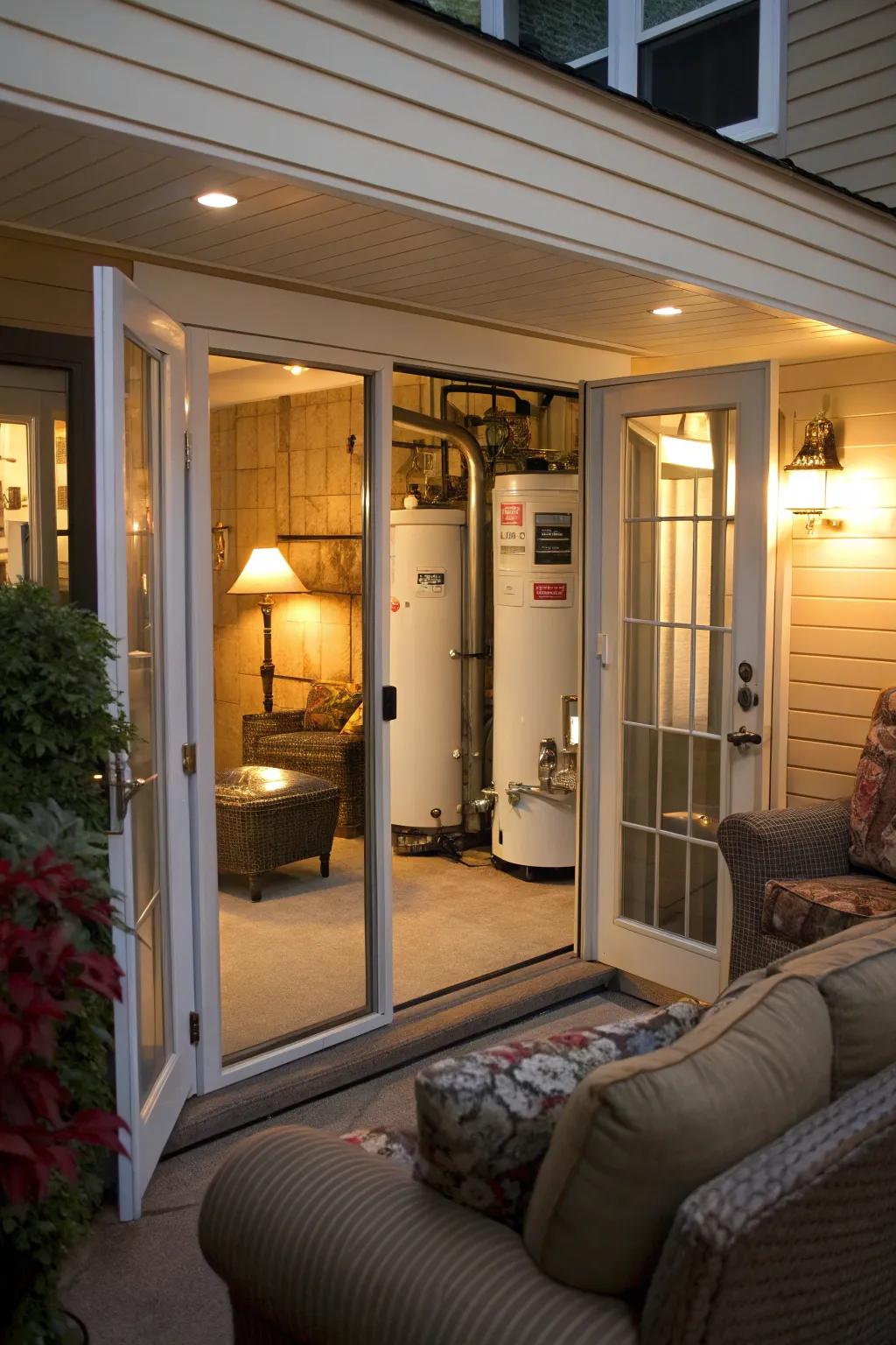 Elegant bi-fold doors discreetly conceal a furnace and water heater within a residence.