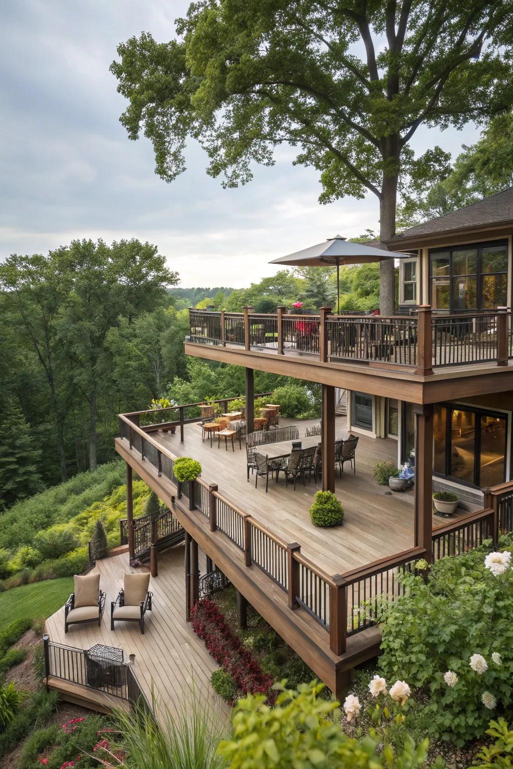 A tiered deck providing versatile outdoor enjoyment.