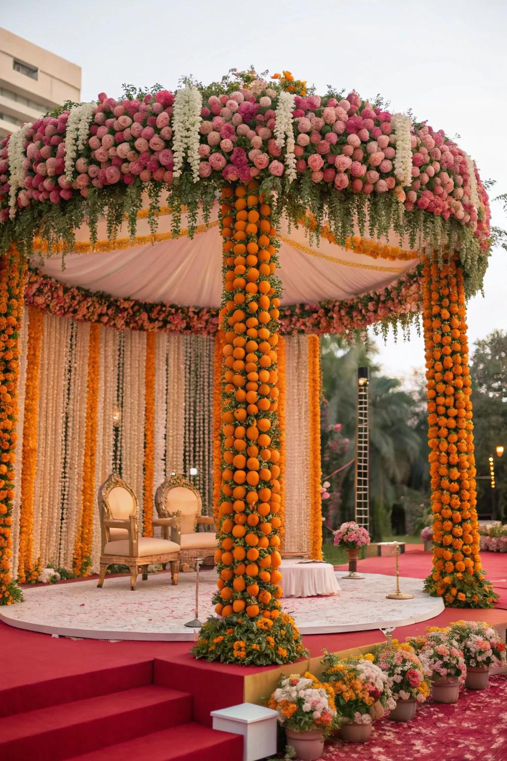 A mandap embellished with an opulent cascade of roses and marigolds.