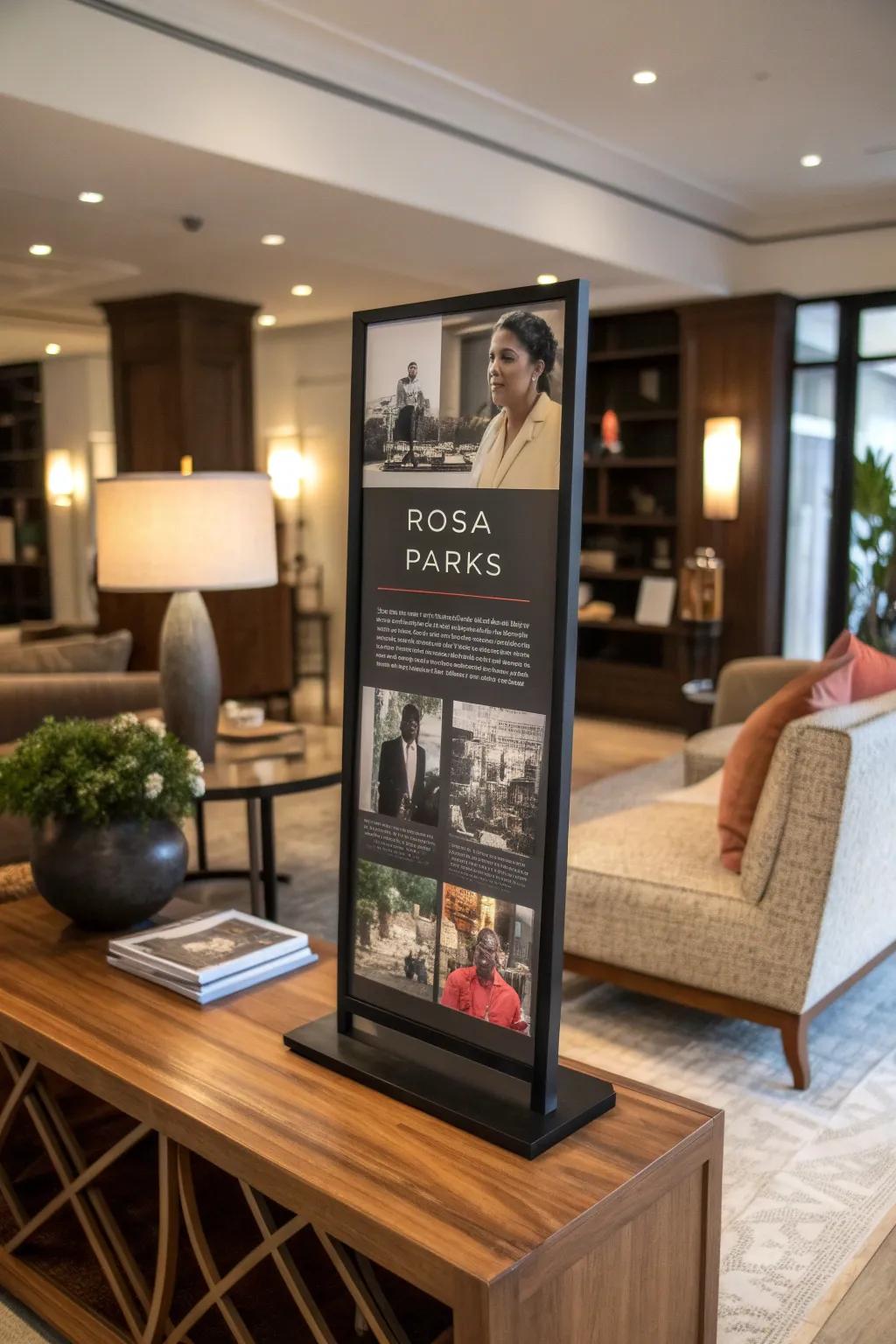A display board celebrating a notable historical figure, bringing historical depth to a contemporary sitting room.