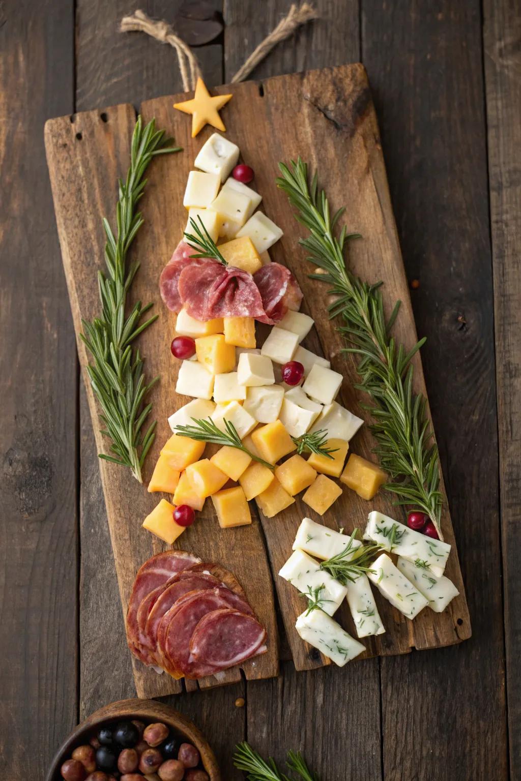 Charcuterie assortment designed as a Christmas tree.