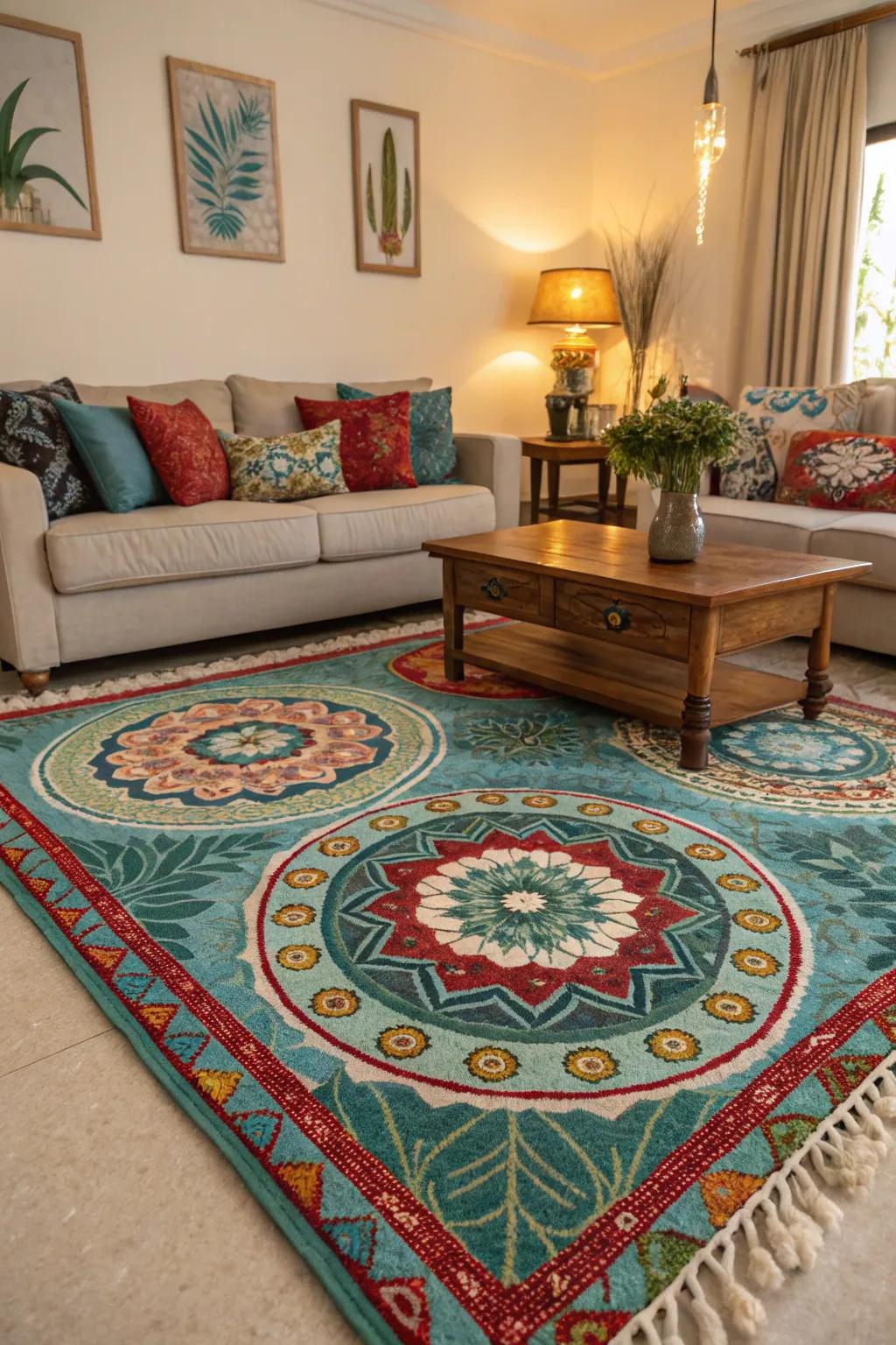 A striking floor covering acts as the centerpiece, contributing vibrancy and warmth to the area.