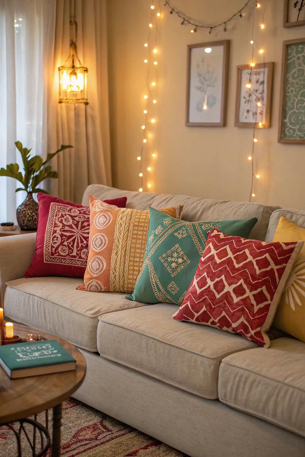 A welcoming sofa adorned with personalized scatter cushions, infusing warmth and individuality.