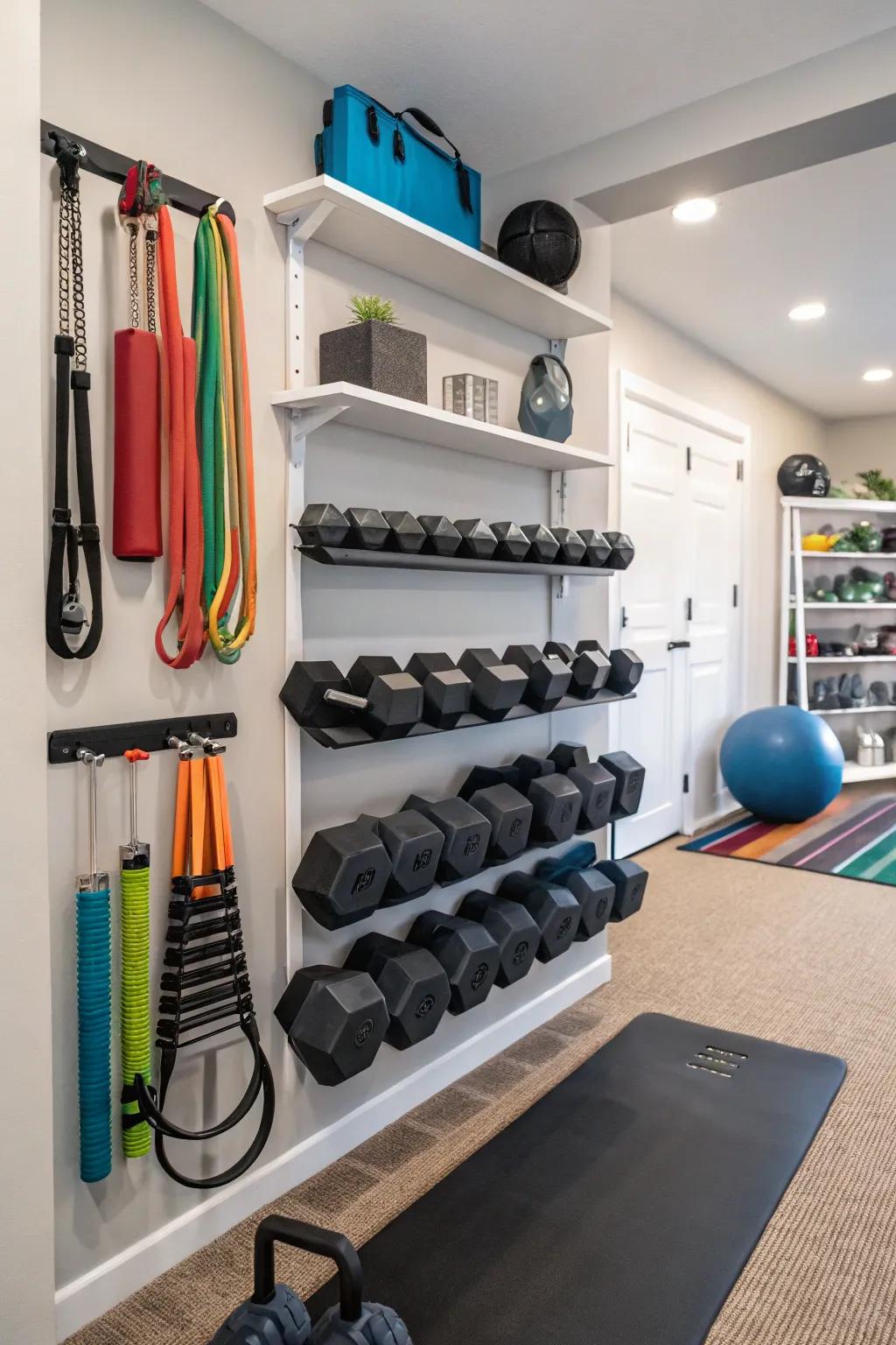 Wall-mounted shelves ensure your workout necessities are neatly arranged and easily accessible.