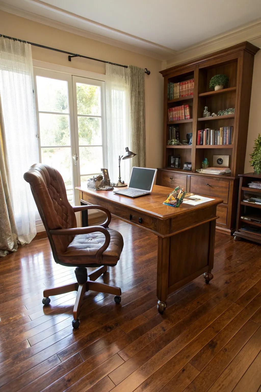 Timeless hardwood flooring imparts a sophisticated element to your home office.