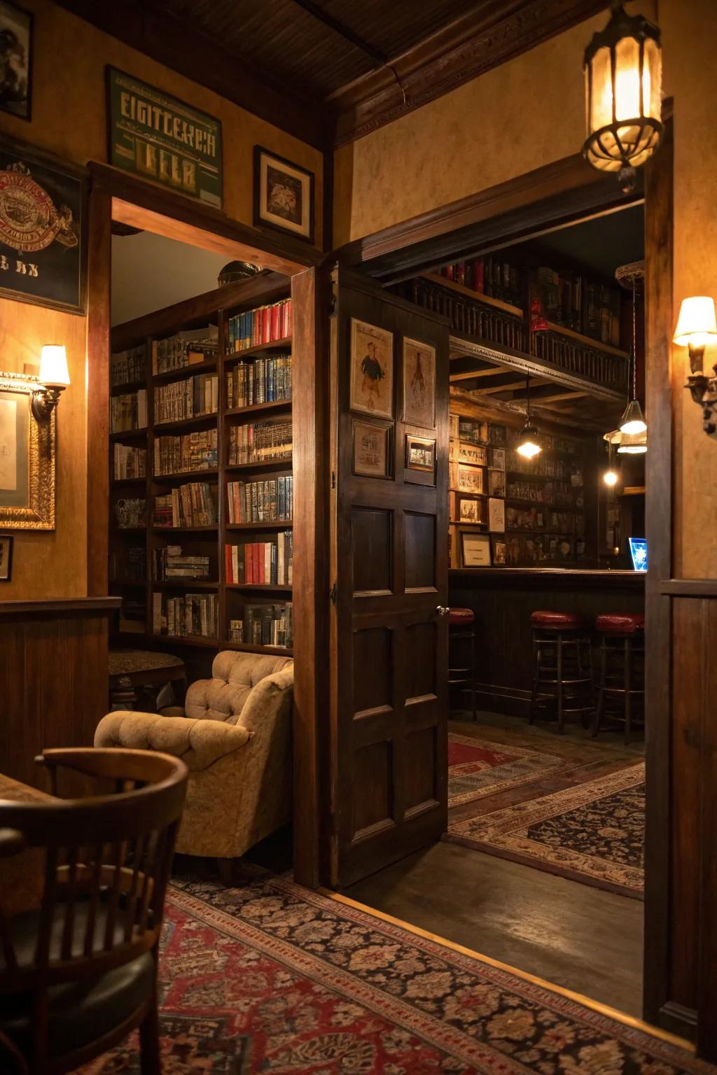 A secret entrance brings a sense of surprise and exclusivity to your personal speakeasy.