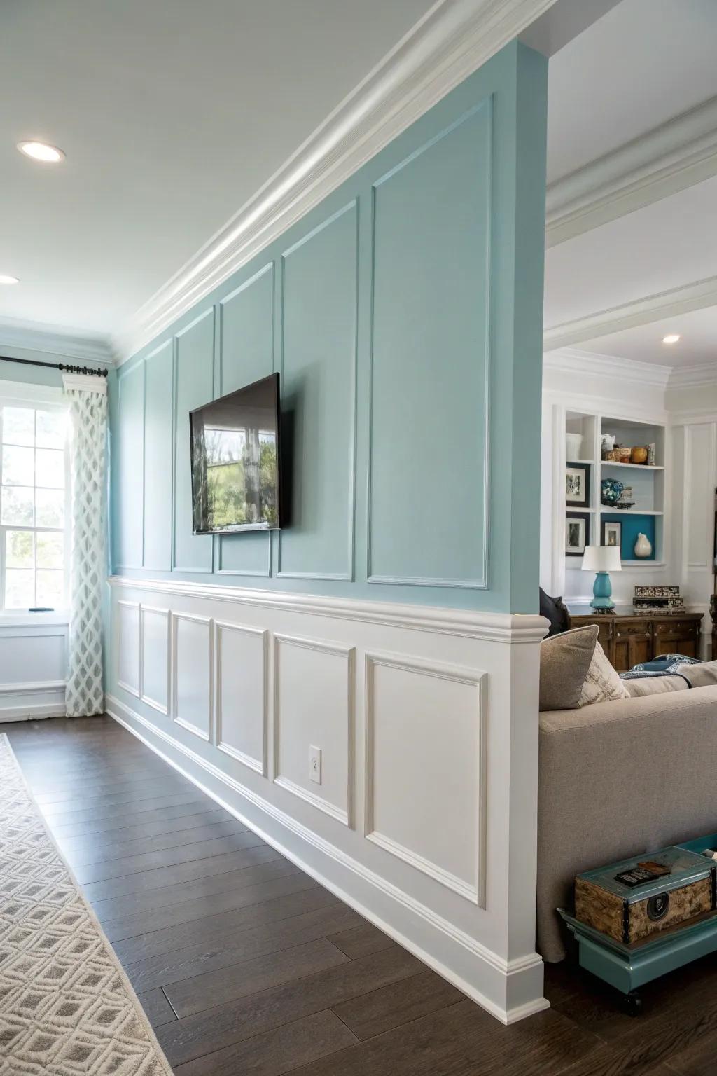 A living room wall beautifully updated with new paint in a contemporary shade.