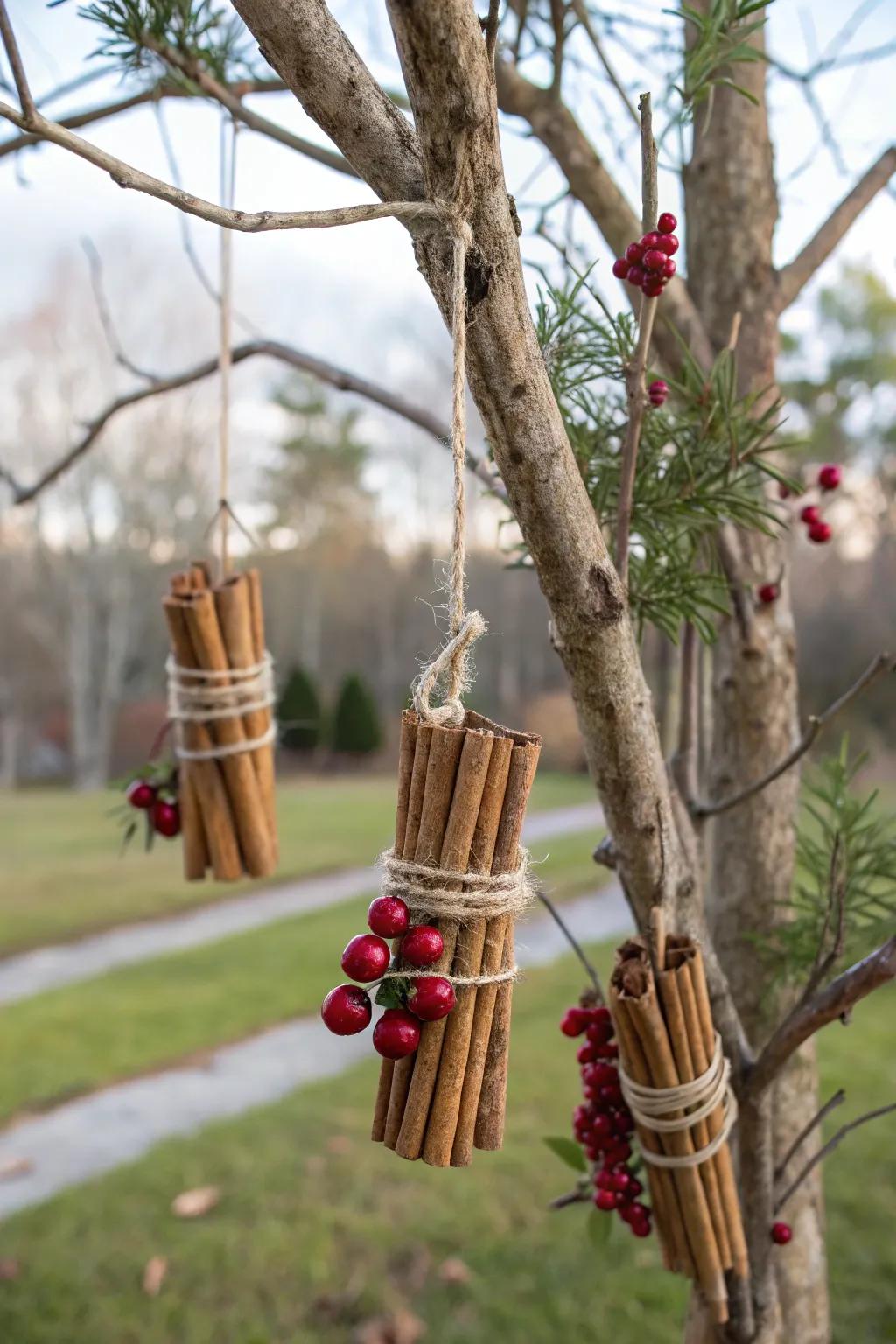 Homespun spiced wood adornments lending a cozy vibe to the festive centerpiece.