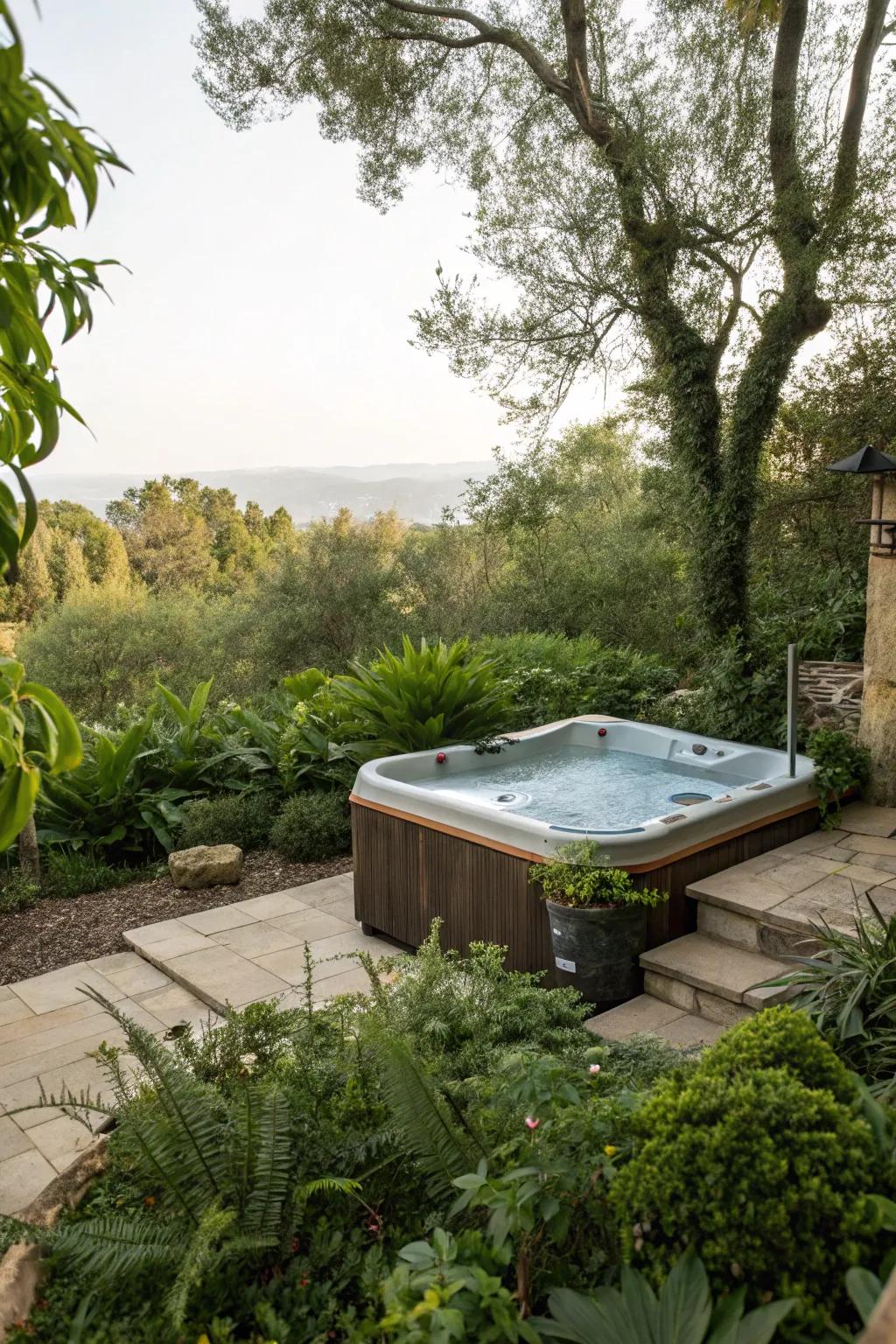 A spa exquisitely incorporated into a verdant garden tableau.