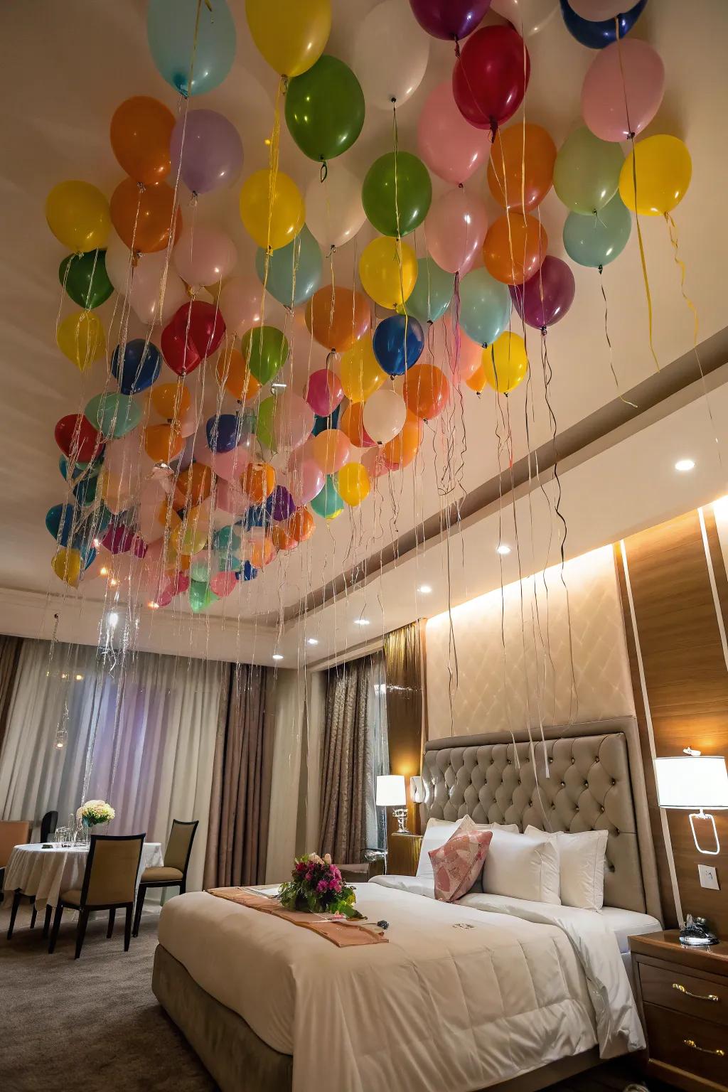 Awake to a captivating vista of buoyant balloons suspended overhead.