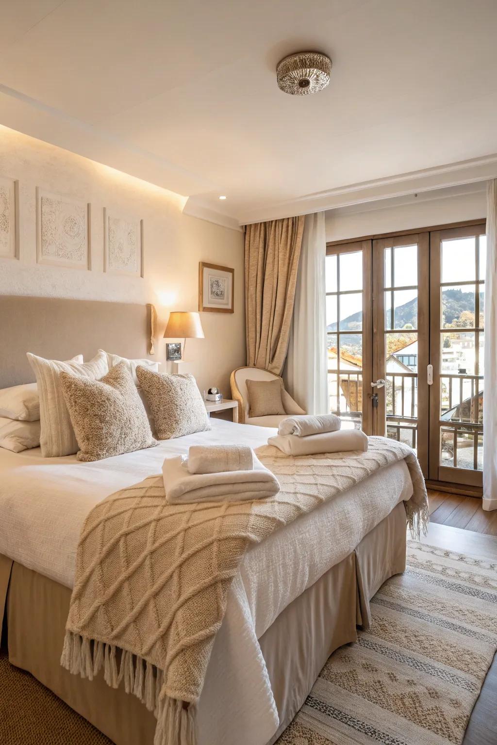 A calming, neutral palette can transform any hotel room into a tranquil retreat.
