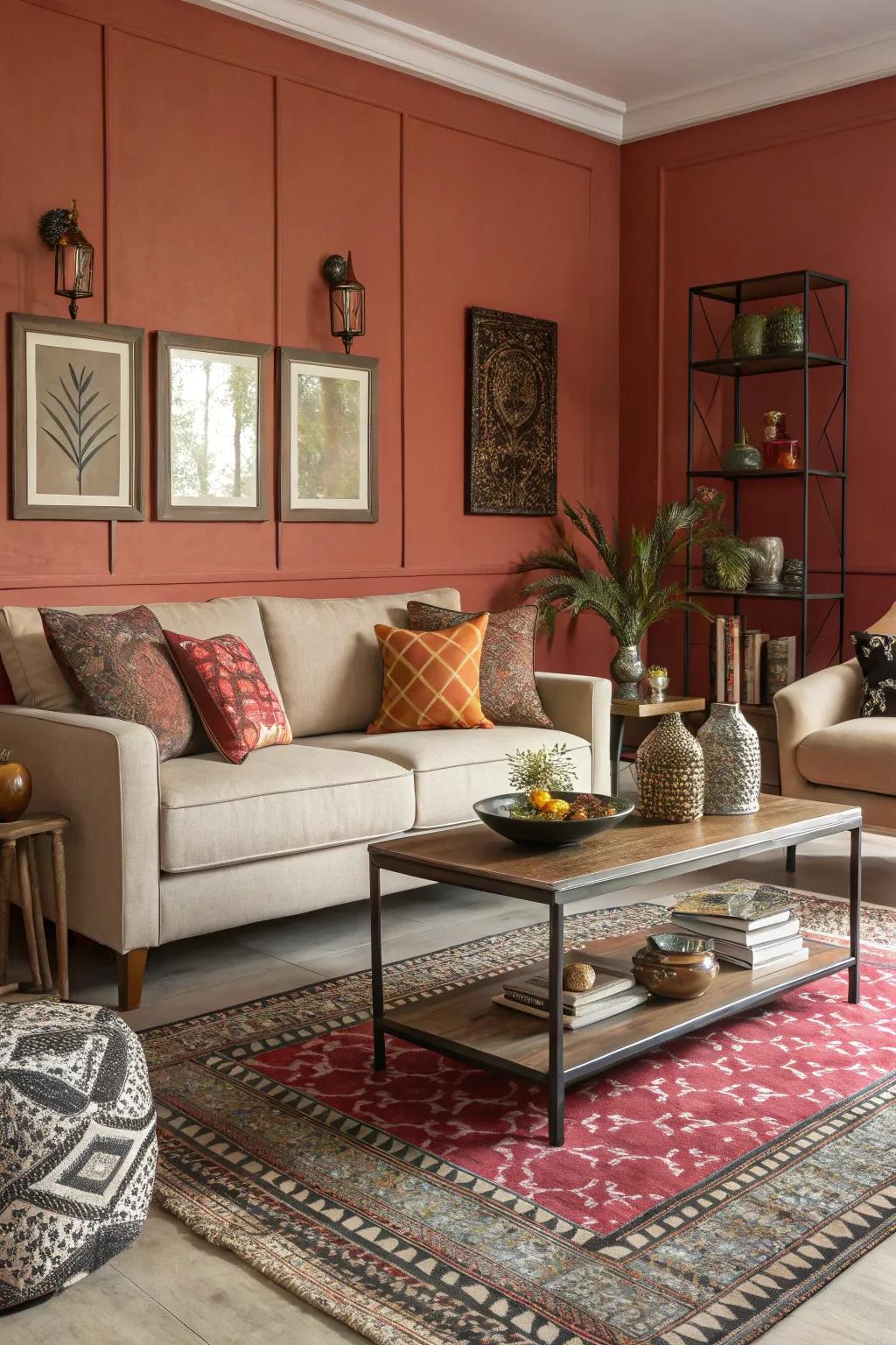 A living area revitalized with bold, vibrant wall colors and refined decor.