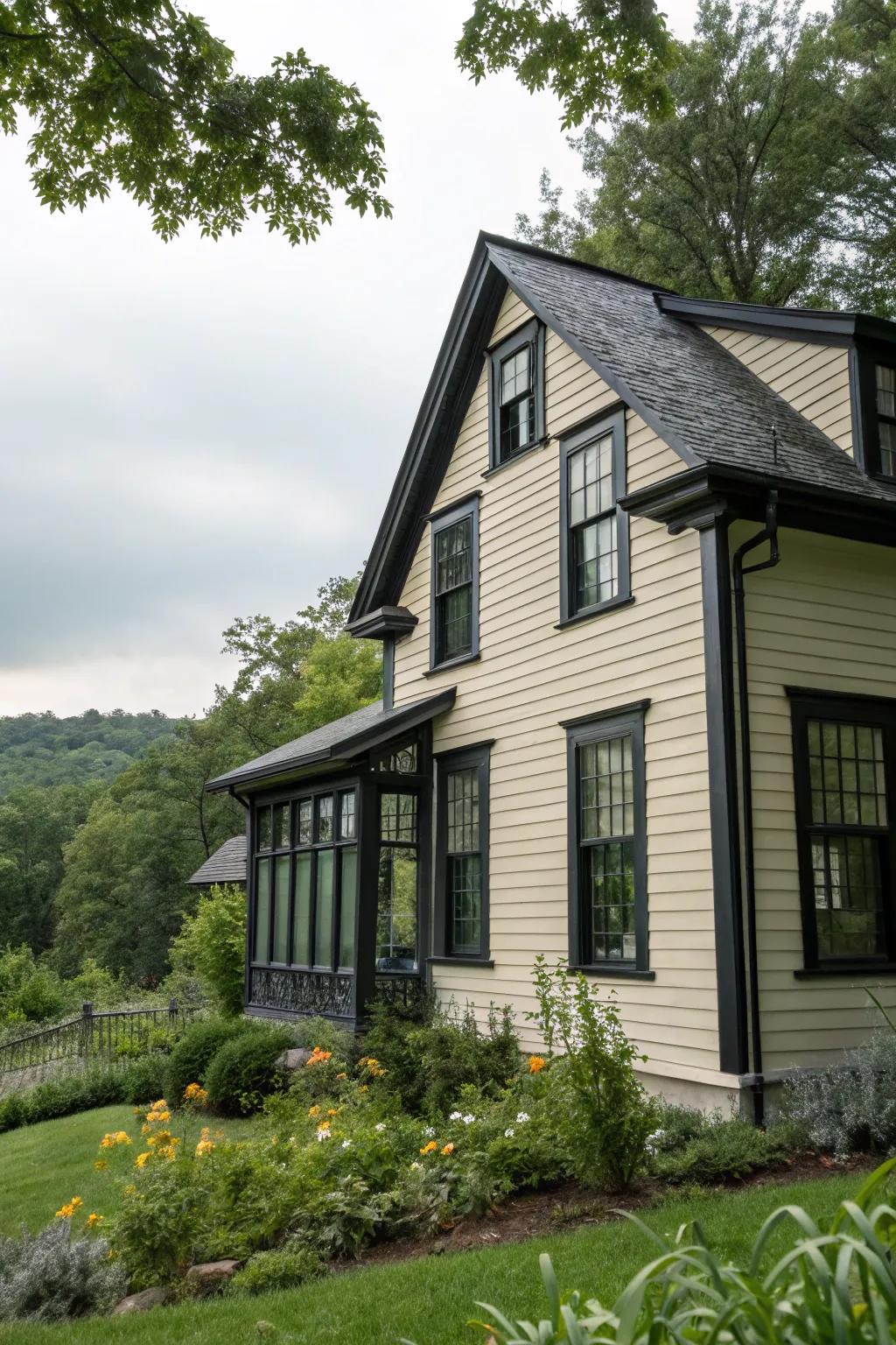 Bold dark window trim imparts character to this delightful home.