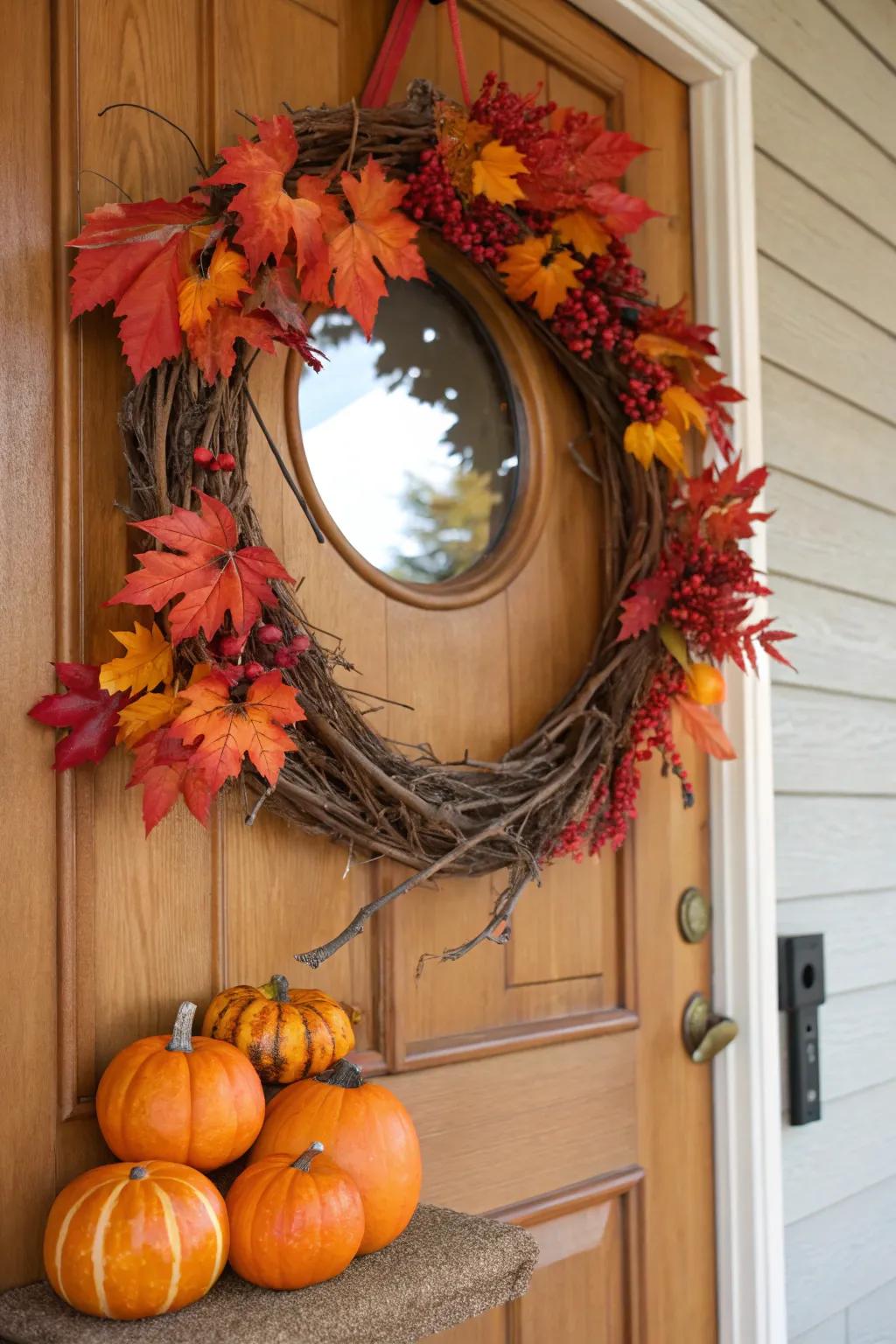 A seasonal wreath, adorned with the iconic colors of autumn.