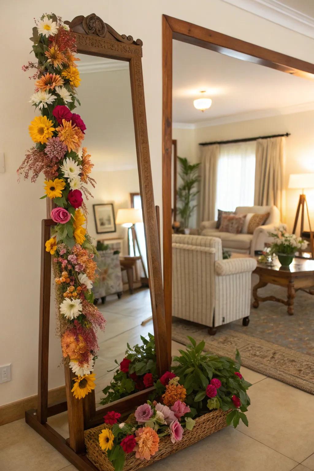 A flower-framed mirror cultivates an invigorating and animated ambiance.