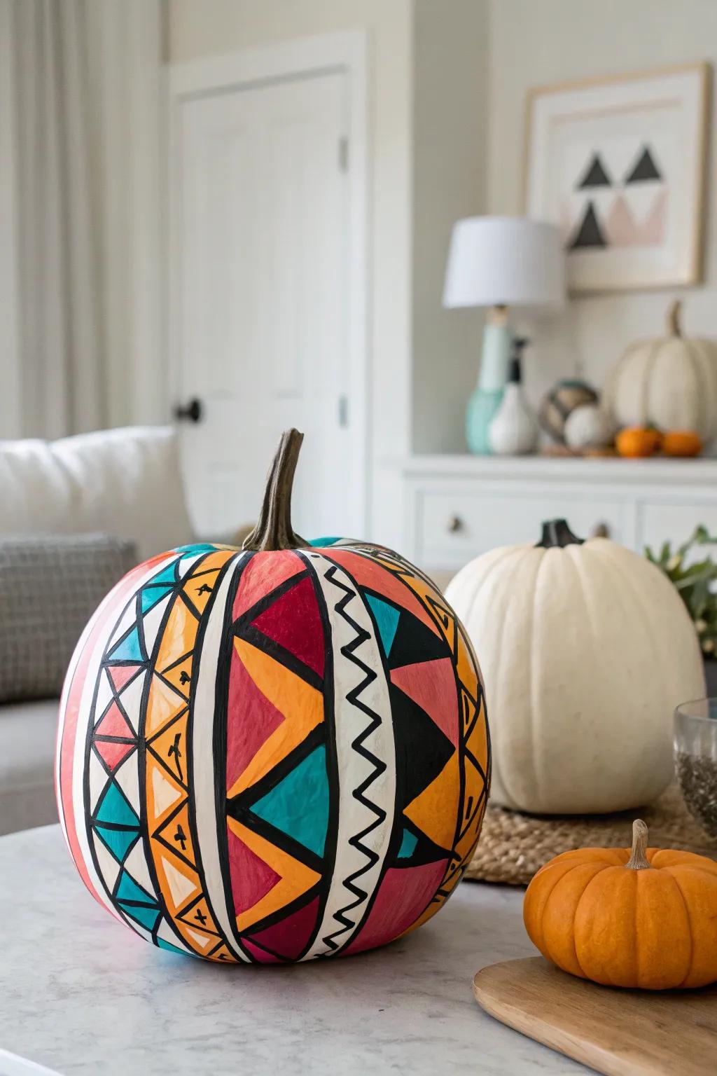 A striking and vivid painted pumpkin, incorporating a contemporary element to any style.